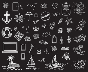 Holiday elements on isolated black background. Sketchy doodles. Summer relax. Signs and symbols. Black and white illustration