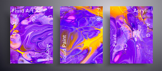 Abstract liquid placard, fluid art vector texture pack. Trendy background that can be used for design cover, poster, brochure and etc. Blue, yellow and purple creative iridescent artwork.
