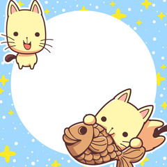 Cute cartoon frame. Cartoon character Naughty cats and taiyaki treats character illustration. empty space in the middle to place the text. This design can decoration for print or digital media.