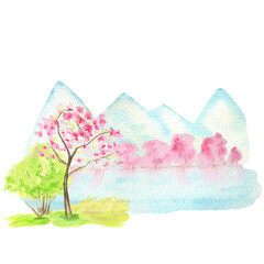 Watercolor Spring landscape, mountains, hills, lake and sakura pink flowers trees, Green nature forest landscape, scenery illustration isolated on white background