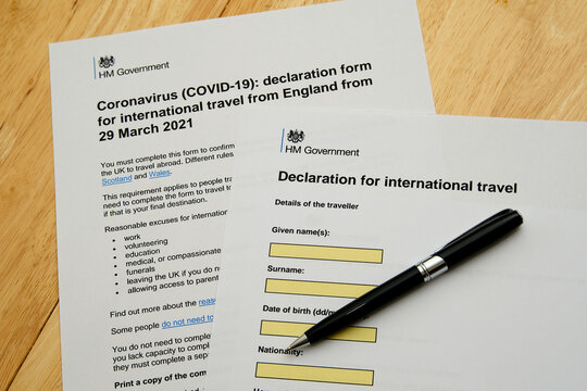 UK Declaration To Travel. Coronavirus COVID-19 Declaration Form For International Travel Printed And Placed On The Desk. Selective Focus. Stafford, United Kingdom, March 23, 2021.