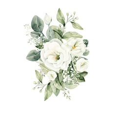 Watercolor floral composition. Hand painted white flowers, forest leaves of fern, eucalyptus, gypsophila. Green bouquet isolated on white background. Botanical illustration for design, print