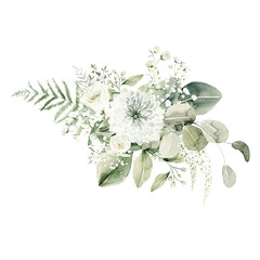 Watercolor floral composition. Hand painted white flowers, forest leaves of fern, eucalyptus, gypsophila. Green bouquet isolated on white background. Botanical illustration for design, print