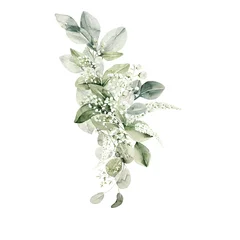 Schilderijen op glas Geschilderde Bloemen Aquarel bloemen samenstelling. Handgeschilderde witte bloemen, bosbladeren van varens, eucalyptus, gipskruid. Groen boeket geïsoleerd op een witte achtergrond. Botanische illustratie voor ontwerp, print  © 60seconds