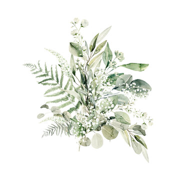 Watercolor floral composition. Hand painted forest leaves of fern, eucalyptus, gypsophila. Green bouquet isolated on white background. Botanical illustration for design, print