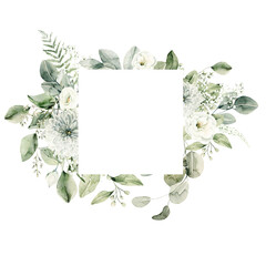 Watercolor floral wreath of greenery. Hand painted frame of white flowers,  green eucalyptus leaves, forest fern, gypsophila isolated on white background. Botanical illustration for design, print
