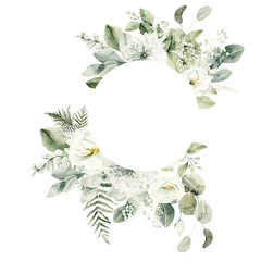 Watercolor floral wreath of greenery. Hand painted frame of white flowers,  green eucalyptus leaves, forest fern, gypsophila isolated on white background. Botanical illustration for design, print - obrazy, fototapety, plakaty