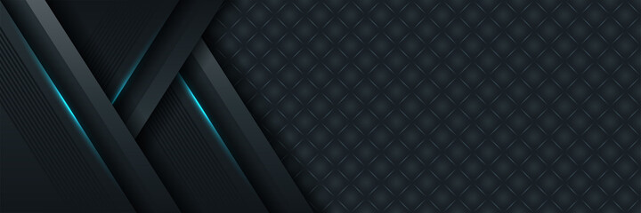 Obraz premium Dark blue abstract dynamic background with overlap layers. 3d cover science, futuristic, energy technology concept of business presentation banner for sale event night party