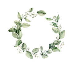 Watercolor floral wreath of greenery. Hand painted frame of green eucalyptus leaves, forest fern, gypsophila isolated on white background. Botanical illustration for design, print