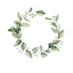 Foto op Plexiglas Watercolor floral wreath of greenery. Hand painted frame of green eucalyptus leaves, forest fern, gypsophila isolated on white background. Botanical illustration for design, print © 60seconds