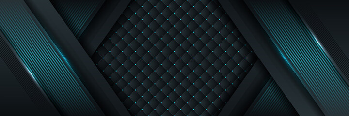 Obraz premium Dark blue abstract dynamic background with overlap layers. 3d cover science, futuristic, energy technology concept of business presentation banner for sale event night party