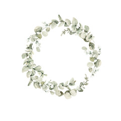 Watercolor floral wreath of greenery. Hand painted frame of green eucalyptus leaves, forest leaf isolated on white background. Botanical illustration for design, print, wedding card