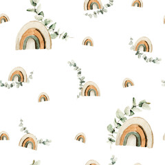 Aquarel kwekerij naadloze patroon. Handgeschilderde schattige boho regenboog, eucalyptus bladeren geïsoleerd op een witte achtergrond. Kinderillustratie voor ontwerp, print, achtergrond