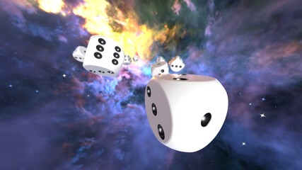 Rolling white-black dices under space sky background. 3D CG. 3D illustration. 3D high quality rendering.