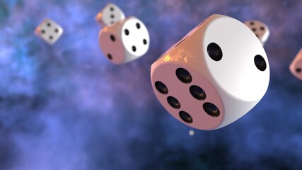 Rolling white-black dices under space sky background. 3D CG. 3D illustration. 3D high quality rendering.