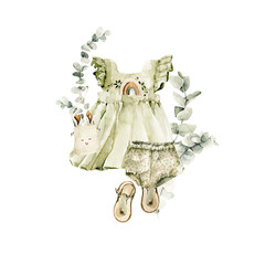 Watercolor boho nursery set. Hand painted cute clothes - baby girl dress, children accessories, eucalyptus leaves isolated on white background. Vintage illustration for design, print, baby shower © 60seconds