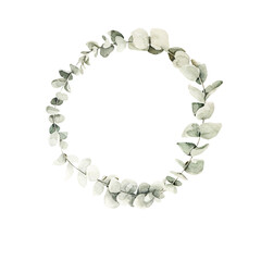 Watercolor floral wreath of greenery. Hand painted frame of green eucalyptus leaves, forest leaf isolated on white background. Botanical illustration for design, print, wedding card