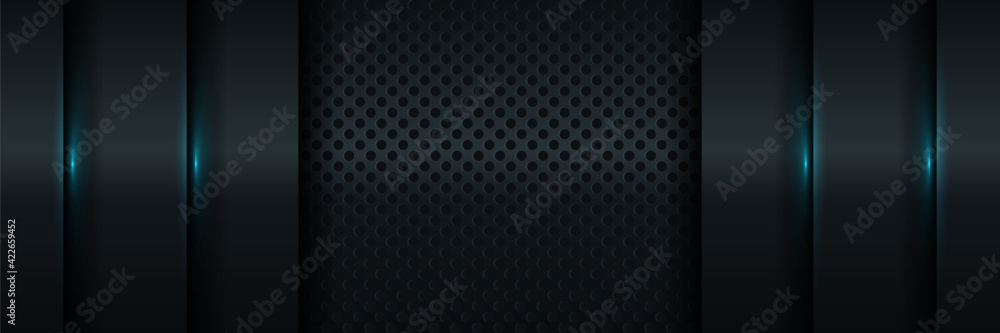 Poster dark blue abstract dynamic background with overlap layers. 3d cover science, futuristic, energy tech