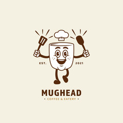 Mug cup head mascot character logo for coffee cafe eatery and restaurant business logo icon in retro vintage cartoon style