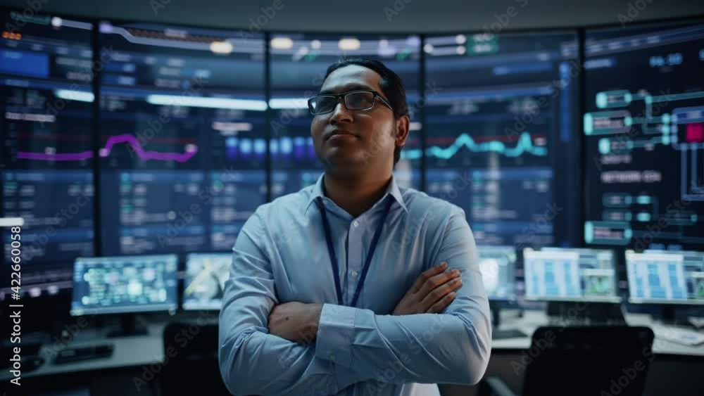 Poster First Person POV Footage of Professional IT Technical Support Specialist or Software Developer Pushing an Augmented Reality Display in a Modern Monitoring Control Room Full of Computers.