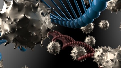 Silver Virus, DNA, flu, view of a virus under a microscope, infectious disease under White-Black Background. 3D illustration. 3D high quality rendering. 3D CG.