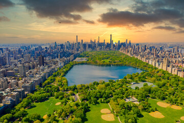 Central Park aerial view, Manhattan, New York. Park is surrounded by skyscraper.