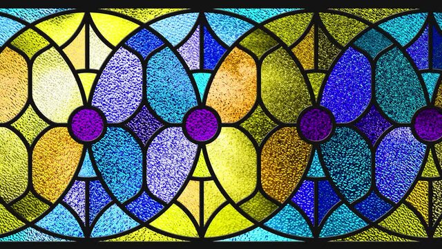 Animated colorful modern looping stained glass window. Art Nouveau. Multicolor light.  Animation footage. Colored glass texture. Rays. Clouds. Sky. Motion of light. Grunge. Luxure interior. 
