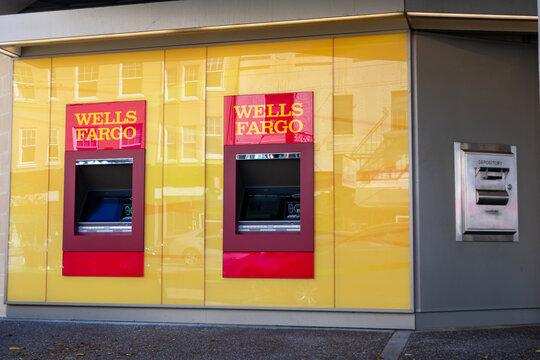 Two Wells Fargo Outdoor ATM Machines And Night Depository Secured Bank Drop Box. - San Francisco, California, USA - 2021