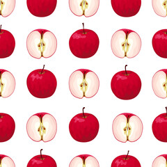 Ripe and half apples seamless pattern. Red apples. 