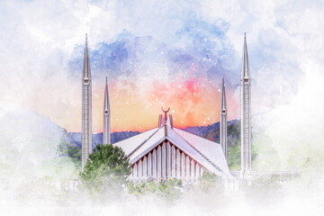 Faisal Mosque Watercolor Sketch