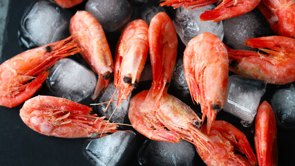 Freshly frozen shrimps in ice.