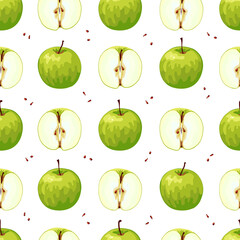 Ripe and half green apples seamless pattern. Color background.