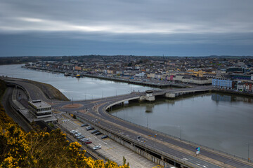 Aerial view of the city of Waterford. Ireland. Bridge over the river Suir and entrance bridge to the city