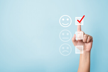 Hand choose to rating score happy icons. Customer service experience and business satisfaction...