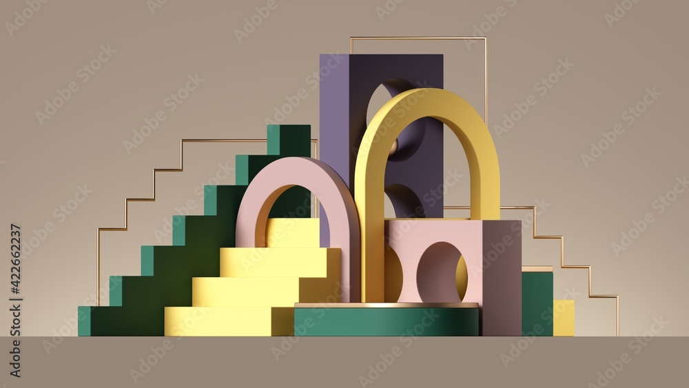 Poster 3d render, abstract geometric background with colorful elements. modern showcase scene with empty po