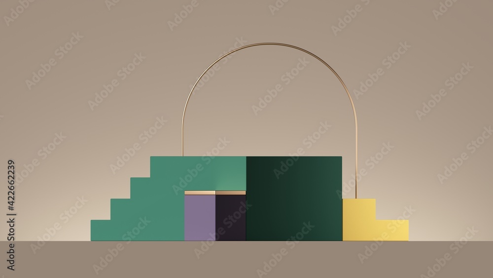 Poster 3d render, abstract colorful geometric background with green steps and golden arch. modern showcase 
