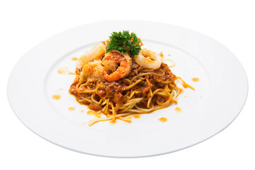 Seafood spaghetti on plate isolated on white