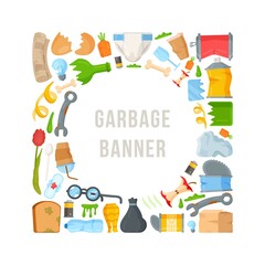 Garbage collection at the landfill. Vector illustration of house or yard cleaning. Accumulation of waste for composting. Broken things, skins, scraps.