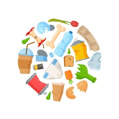 A concept for scavenging. Vector illustration of broken bottles, broken things, waste. Collection of stumps, bent cans, etc.