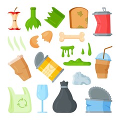 A set of cartoon drawings of garbage. Vector illustration of garbage collection in a container. Bottles, cans, canned food, leftovers, gaskets, broken things. 