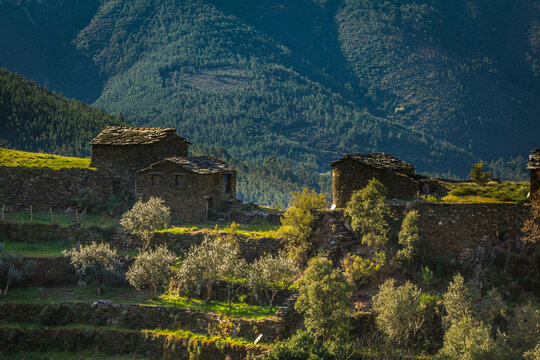 Stone houses in the mountain in the region of Piodao - Portugal. Schist houses in the top of the mountains