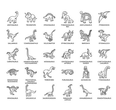 Set of dinosaur thin line and pixel perfect icons for any web and app project.