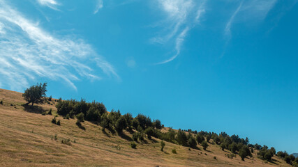 Día soleado en el campo con montes de fondo.