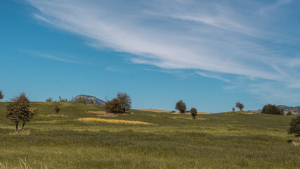 Día soleado en el campo con montes de fondo.