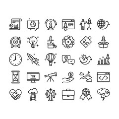 Business start up web icon set. Contain icons such as rocket, briefcase, brainstorming, success, ladder, idea, and web development etc. Suitable for web and app icon. Editable stroke