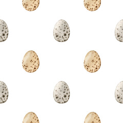 Watercolor seamless pattern with quail eggs. Easter background. Hand-drawn illustration. Perfect for wrapping paper, packaging, prints, decor.