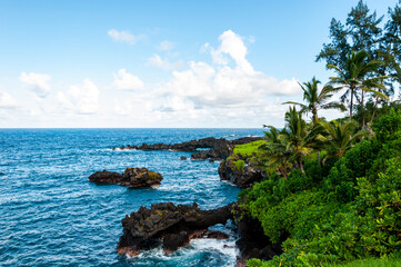 Black Sand Beach and Tropical Coastline along the Road to Hana, Maui, Hawaii