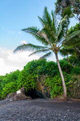 Black Sand Beach and Tropical Coastline along the Road to Hana, Maui, Hawaii