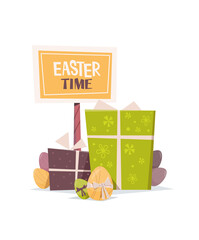 happy easter spring holiday celebration greeting card poster with decorated eggs gigts and signboard