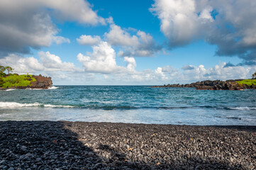 Black Sand Beach and Tropical Coastline along the Road to Hana, Maui, Hawaii